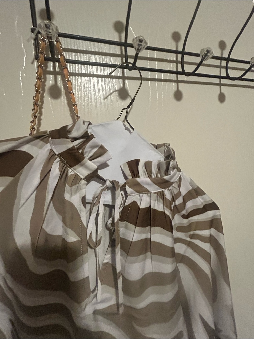New York & Company Cream and Brown Wave-Print Ruffle Neck Blouse